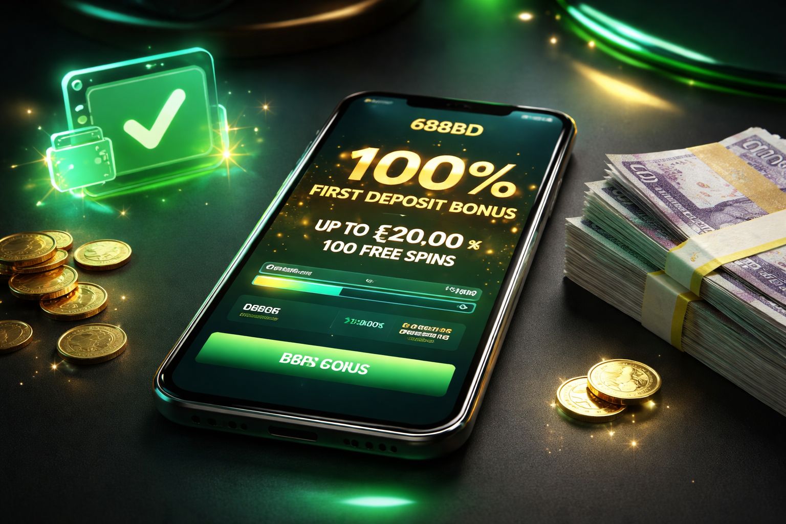 688BD welcome bonus screen showing deposit match and free spin details
