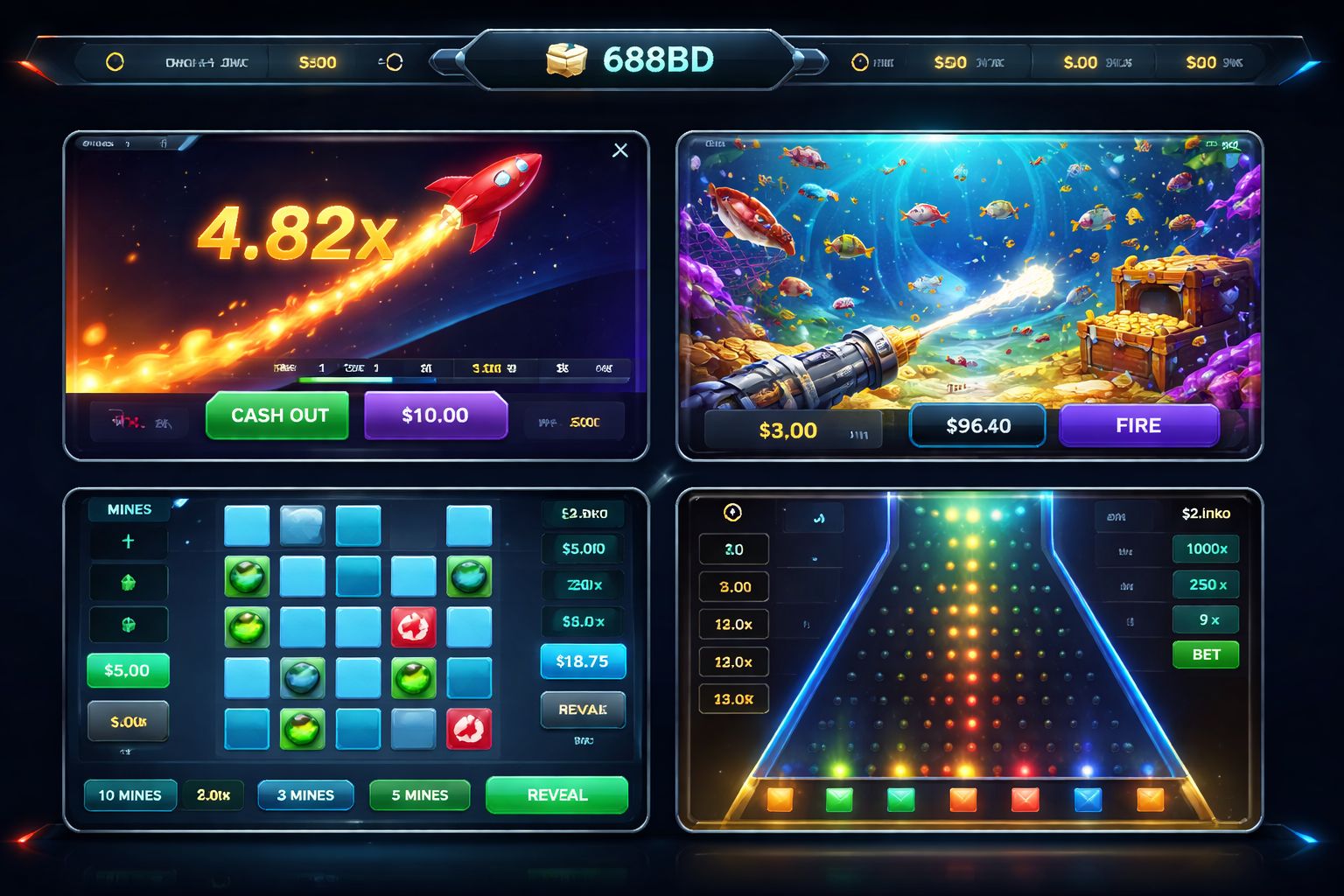 688BD crash games screen with Aviator JetX and multiplier rounds