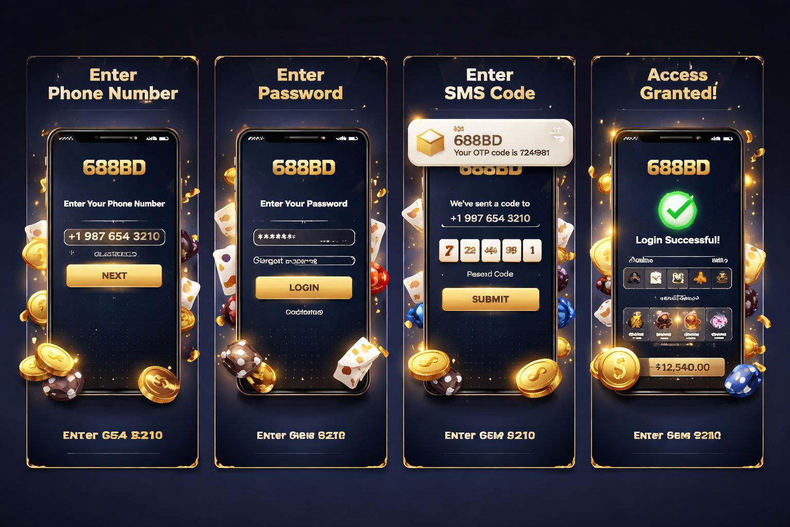 688BD login flow with phone number password and OTP steps