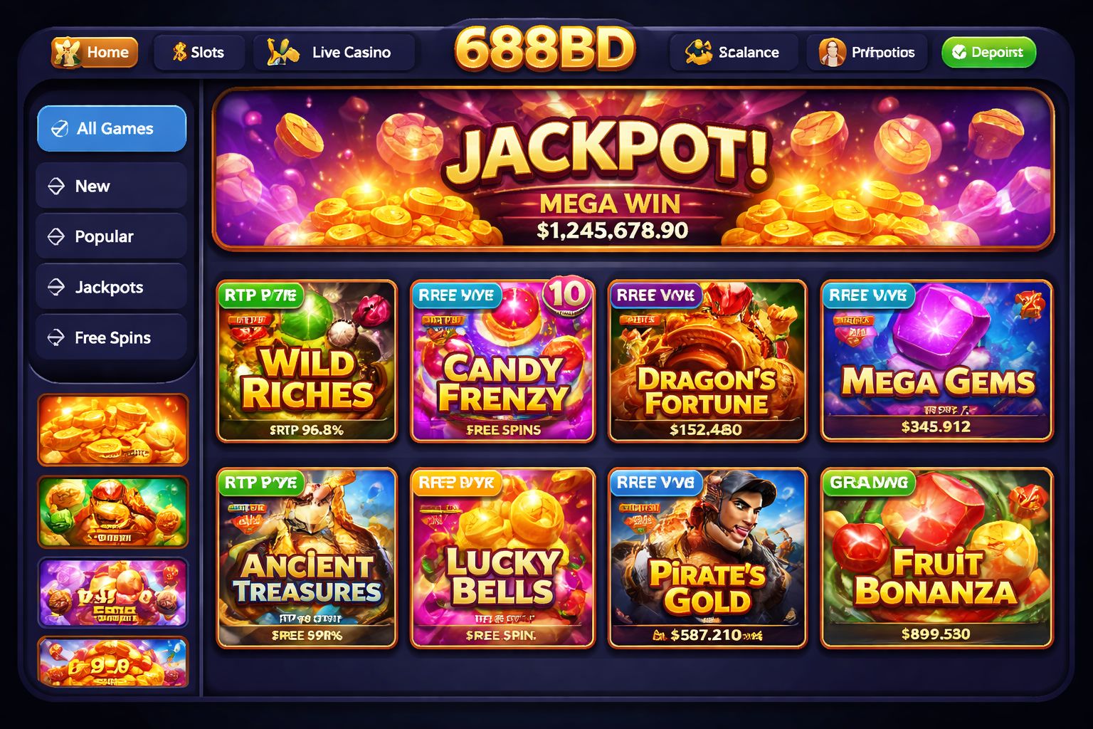 688BD top slot games displayed in a modern casino interface